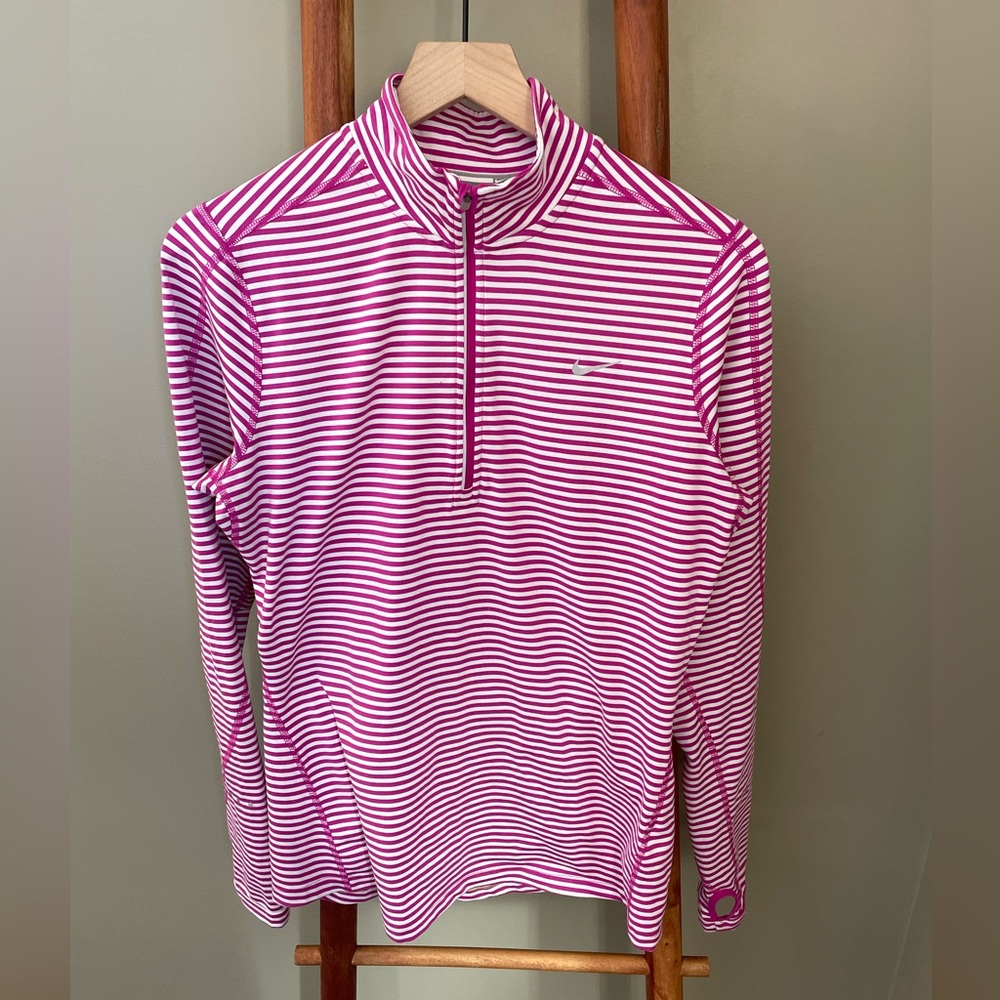 Nike Fuchsia & White Striped Women's Swift Dri-FIT 1/4-Zip Running Top, Large